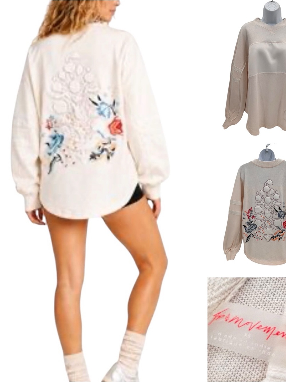 Free People Movement Embroidered Sweatshirt Sz. XS Oversized